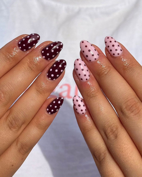 Pink and brown polka dot nails