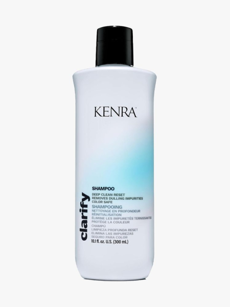 Kenra Clarifying Shampoo light gray bottle with turquoise blob on it with black cap on light gray background