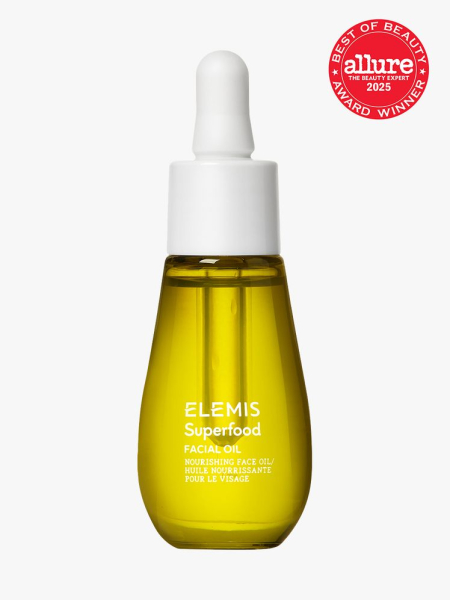 Elemis Superfood Facial Oil in branded clear bottle with white pipette on light gray background with red Allure Best of Beauty seal in the top right corner
