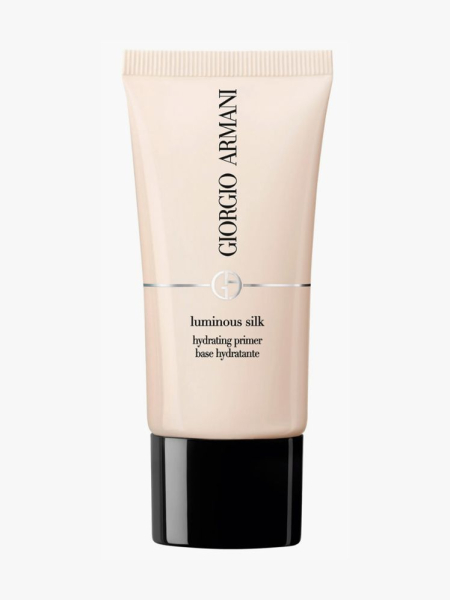 Armani Luminous Silk Hydrating Primer beige tube with black cap on light gray background