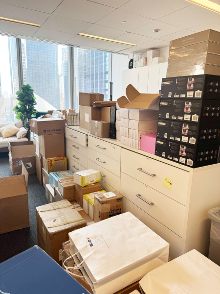 Packages and shopping bags piled up in the beauty closet during the callin period.