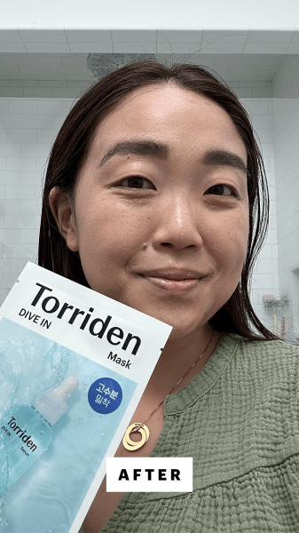 Lee after applying the Torriden Dive In Sheet Mask