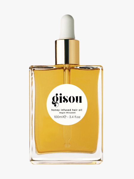Gisou Honey Infused Hair Oil in branded component on a light gray background