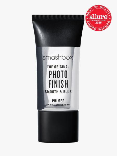 Smashbox The Original Photo Finish Smooth & Blur Primer black and silver tube on light gray background with red Allure Best of Beauty seal in the top right corner