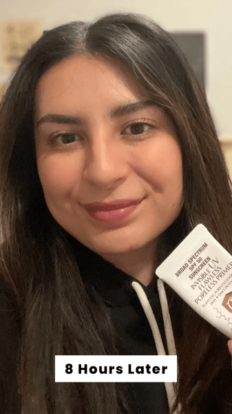 Hussein eight hours after applying the Charlotte Tilbury Invisible UV Flawless Primer SPF 50